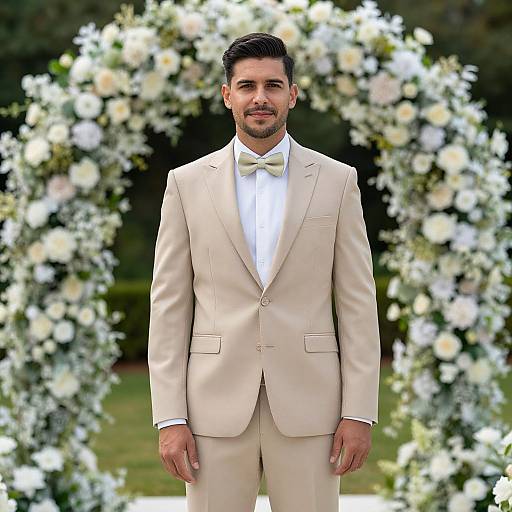Photograph of a handsome man in a beige suit, white shirt, and bow tie, standing in front of a floral archway.