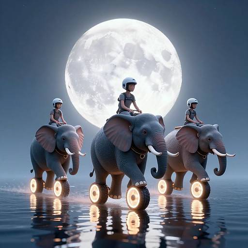 Photorealistic CGI: Three elephants with riders in helmets, roller skates, ride on water under a large, glowing full moon.