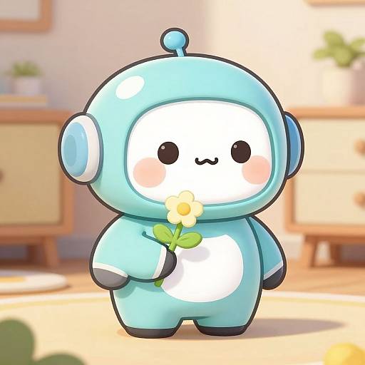 Cute chibi robot holding a yellow flower, wearing a blue hooded suit, in a sunlit room with soft, blurred furniture. Digital illustration