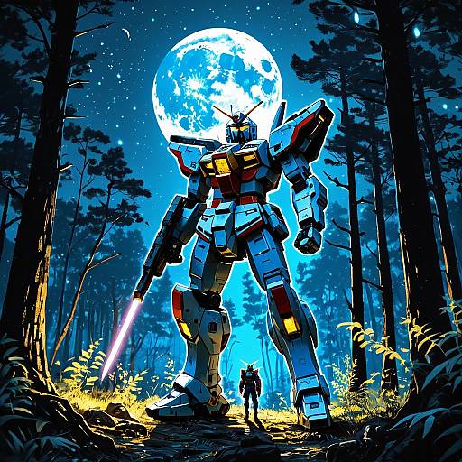 Gundam Crossbreed Robot in Bioluminescent Forest