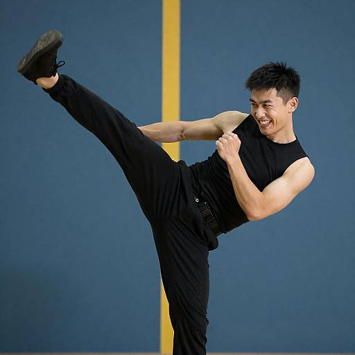 Dynamic Young Man Performing High Kick