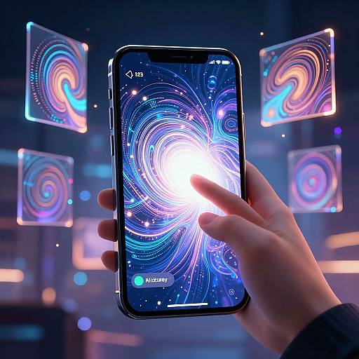 Photograph of a hand holding a smartphone with a bright, swirling blue and white vortex screen, surrounded by four floating, glowing, spiral patterns against a