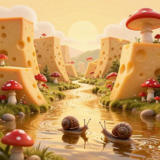 Whimsical digital artwork of two snails in a reflective, golden stream surrounded by cheese boulders and red-capped mushrooms under a bright sunset