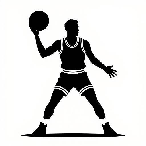 Silhouette of a male basketball player in action, holding a ball with right hand, wearing tank top and shorts, standing with legs apart, black and