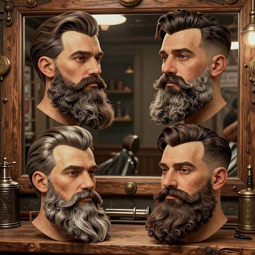 Photorealistic digital artwork of a bearded man's four headshots in a rustic mirror, showcasing different angles and styles of his thick, wavy