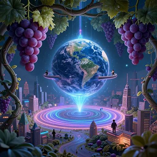 Digital art: Earth suspended above futuristic city, surrounded by grapevines, with glowing rings and tiny figures, under a starry night sky.