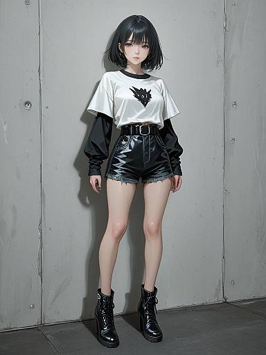 Photograph of a young woman with black bob haircut, wearing a white t-shirt, black long sleeves, high-waisted black shorts, and black