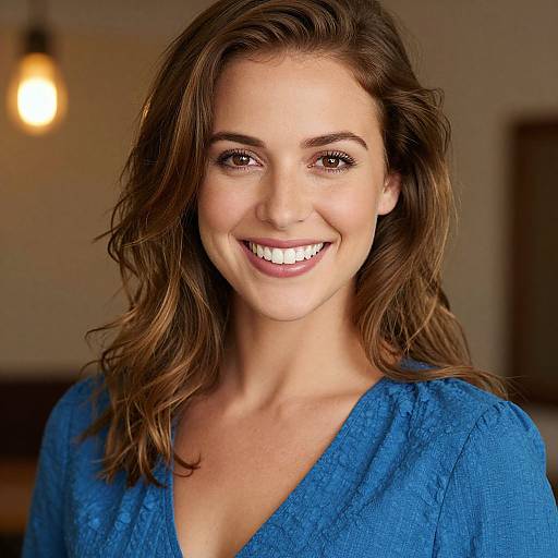 Photograph of a smiling woman with wavy brown hair, wearing a blue V-neck shirt, standing against a softly lit background.