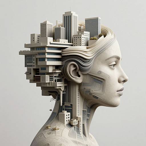 Digital artwork of a silver, futuristic, female head with a cityscape inside, featuring skyscrapers, buildings, and intricate circuitry on her neck