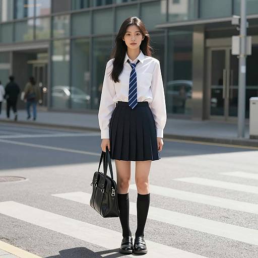 Young Asian Woman in School Uniform on City Street