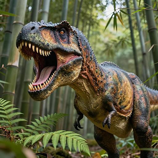 Roaring Tyrannosaurus Rex in Bamboo Forest