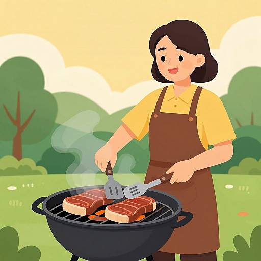Digital illustration of a smiling woman with short black hair, wearing a yellow shirt and brown apron, grilling steak on a black barbecue in a green