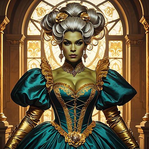 Digital art of a regal, dark-skinned woman with voluminous silver hair, wearing an ornate turquoise and gold gown, standing in a sun