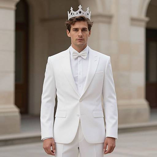 Photograph of a young man with light skin, wearing a white suit, white bow tie, and silver crown, standing in front of a stone arch