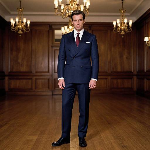 Photograph of a serious, handsome man in a dark navy double-breasted suit, white shirt, red tie, and black shoes, standing in a