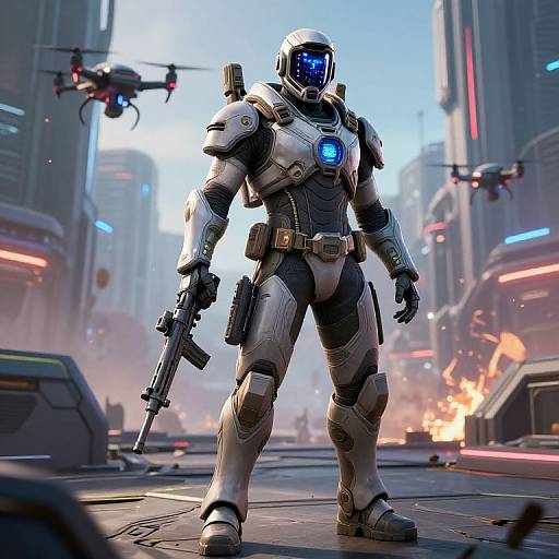 CGI sci-fi image of a muscular, white-armored, blue-eyed soldier with a rifle, standing in a futuristic, neon-lit city street