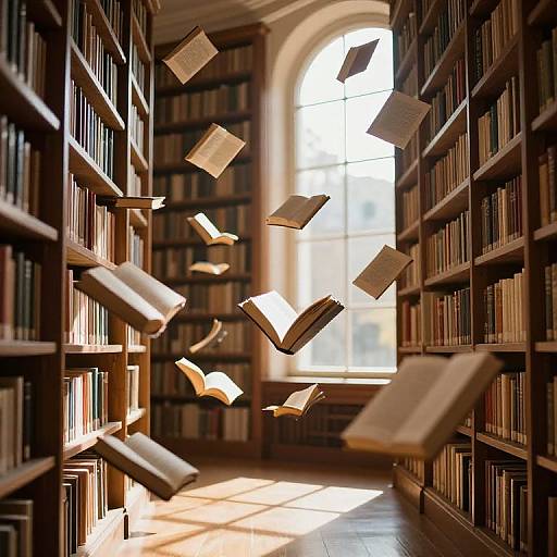 Photograph of a sunlit library with tall wooden bookshelves, books floating in mid-air, and a large arched window in the background.