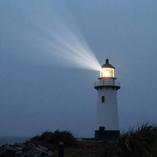 Photograph of a white lighthouse with a glowing light, beaming bright beams of light into a misty, blue-gray evening sky. Coastal grass