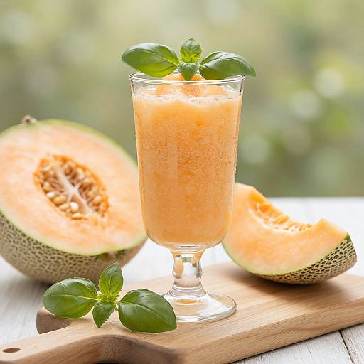 Photograph of a glass of orange smoothie with basil garnish, next to two halved cantaloupes on a wooden board.