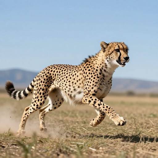 Photograph of a cheetah sprinting across a dry, grassy savanna with a clear blue sky and distant mountains in the background.