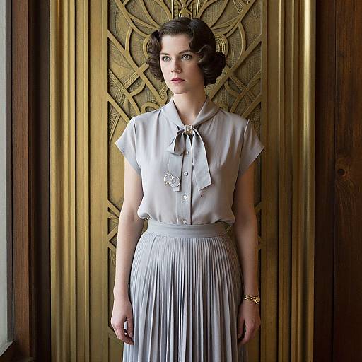 Photograph of a fair-skinned woman with short, wavy black hair, wearing a light gray blouse and pleated skirt, standing in front of