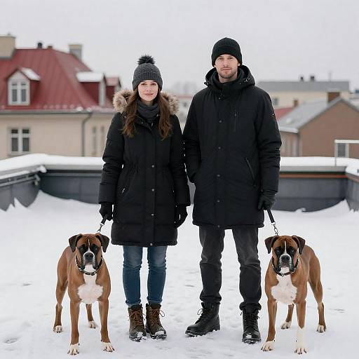 Couple on Snowy Rooftop with Boxers