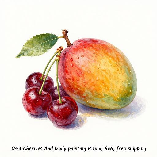 Digital painting of a juicy, red, and yellow cherry with three dark red cherries and a green leaf, with water droplets. Text: 