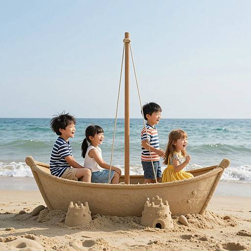 Photograph of four children in a sandboat with two small castles, on a sunny beach with blue ocean waves.