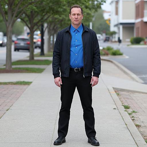 Photograph of a serious-looking white man with short brown hair, wearing a black jacket, blue shirt, black pants, and black shoes, standing on
