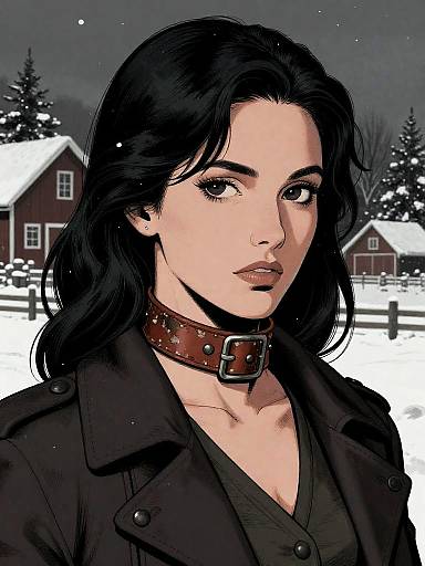 Quiet Ranch Heiress with Leather Choker in Snowy Farm