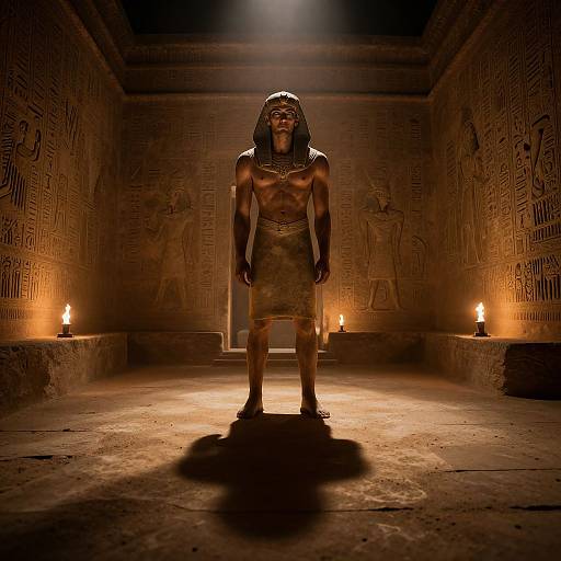 Photograph of a muscular, ancient Egyptian pharaoh statue standing in a dimly lit, hieroglyph-adorned tomb, illuminated by two lit