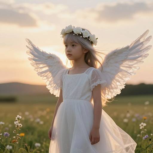 Serene Angelic Girl in Sunset Meadow