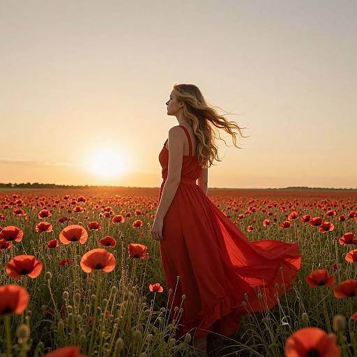 Photograph of a blonde woman in a flowing red dress standing in a vast field of red poppies at sunset, her hair blowing in the wind.