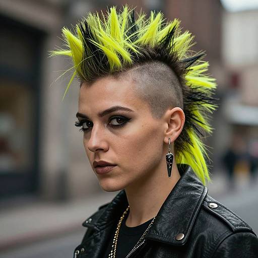 Photograph of a pale-skinned woman with a mohawk hairstyle featuring black and neon yellow spikes, wearing black eyeliner, dark lipstick, and a