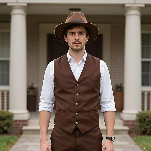 Photograph of a serious, bearded man in a brown vest, white shirt, and brown hat standing in front of a white-columned house.