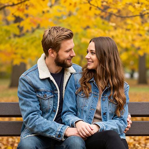 Photograph of a smiling brown-haired couple with beards, wearing denim jackets, sitting on a black bench amidst autumn yellow trees.