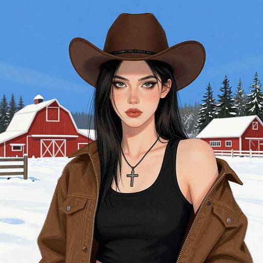 Digital illustration of a pale-skinned woman with black hair, wearing a brown cowboy hat, black tank top, brown jacket, and cross necklace, standing