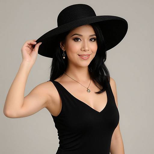 Photograph of an Asian woman with long black hair, wearing a black wide-brimmed hat, black sleeveless dress, and necklace, smiling against