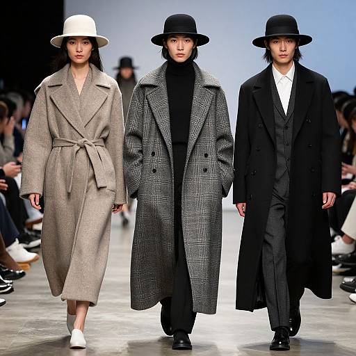 Photograph of three Asian models on a runway, wearing black hats and grey, black, and beige overcoats, with a white and black background