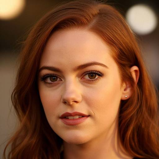 Close-up photograph of a young woman with fair skin, red hair, and brown eyes, wearing subtle makeup, with a softly blurred background.