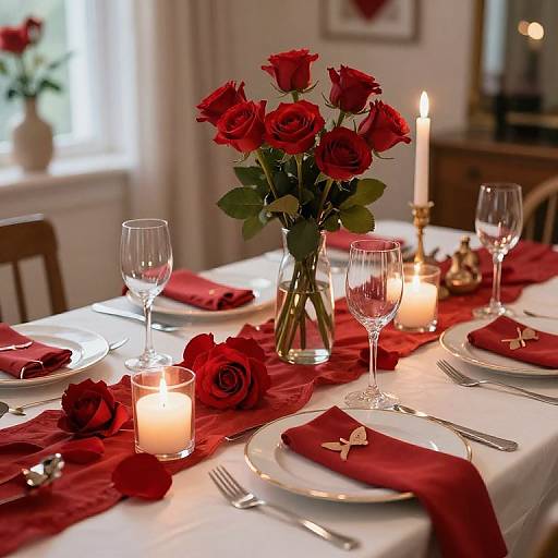 Romantic table setting with red roses, candles, glassware, and red napkins on a white tablecloth, creating a warm, elegant ambiance.