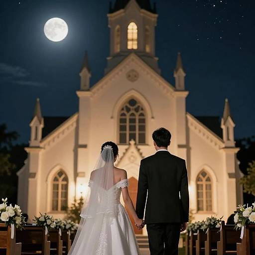 Photograph of a bride in a white gown and veil, and groom in a black suit, holding hands, standing in front of a lit, Gothic