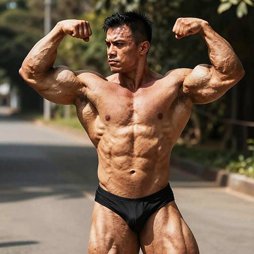 Outdoor Bodybuilder Flexing Muscular Physique