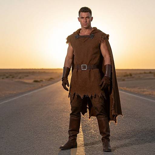 Photorealistic CGI of muscular man in brown, tattered gladiator outfit, standing on deserted road at sunset, desert background.