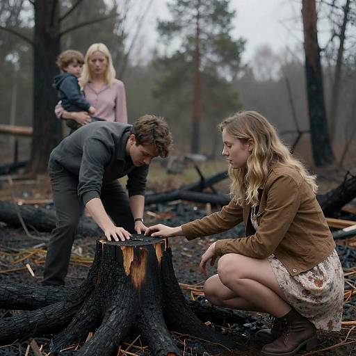 Family in Burned Forest Inspecting Charred Tree Stump
