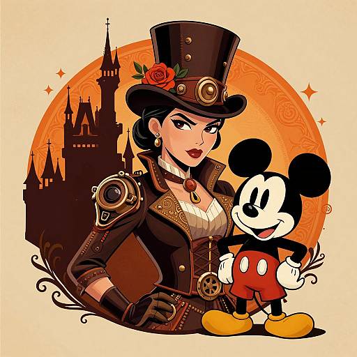 Digital art of a steampunk-style woman with a top hat and rose, wearing a brown corseted jacket, standing beside Mickey Mouse in red