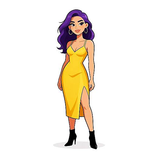 Digital illustration of a confident woman with purple hair, wearing a yellow, sleeveless dress with a high slit, black ankle boots, and large hoop earrings