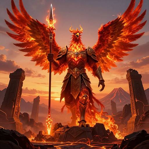 Digital art of a fiery, armored, winged warrior with a spear, standing on a volcanic landscape at sunset, surrounded by ruins.