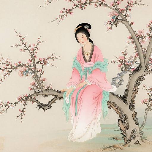 Elegant Woman on Blossoming Tree