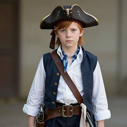 Photograph of a young red-haired boy dressed as a 18th-century pirate, wearing a black tricorn hat, white shirt, blue necker
